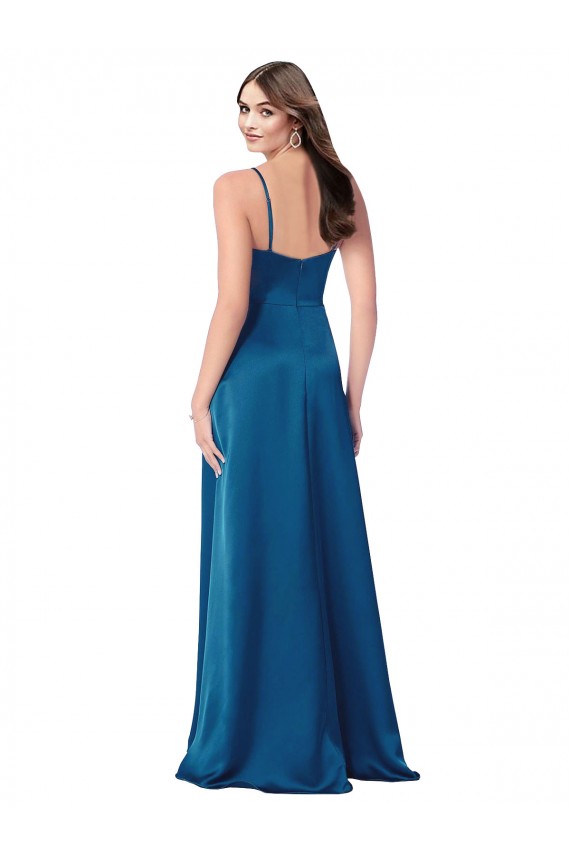Long Sleeveless Silky Satin Peacock Blue Spaghetti Straps A-Line Prom Dress Canada Online
