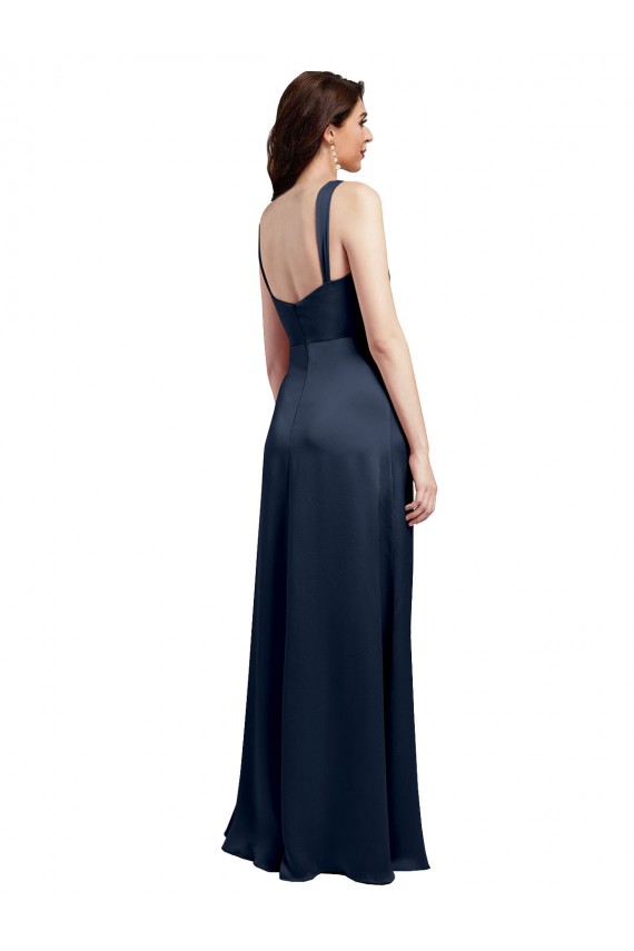 Long Sleeveless Stretch Satin Dark Navy A-Line Low Back Prom Dress Canada Online