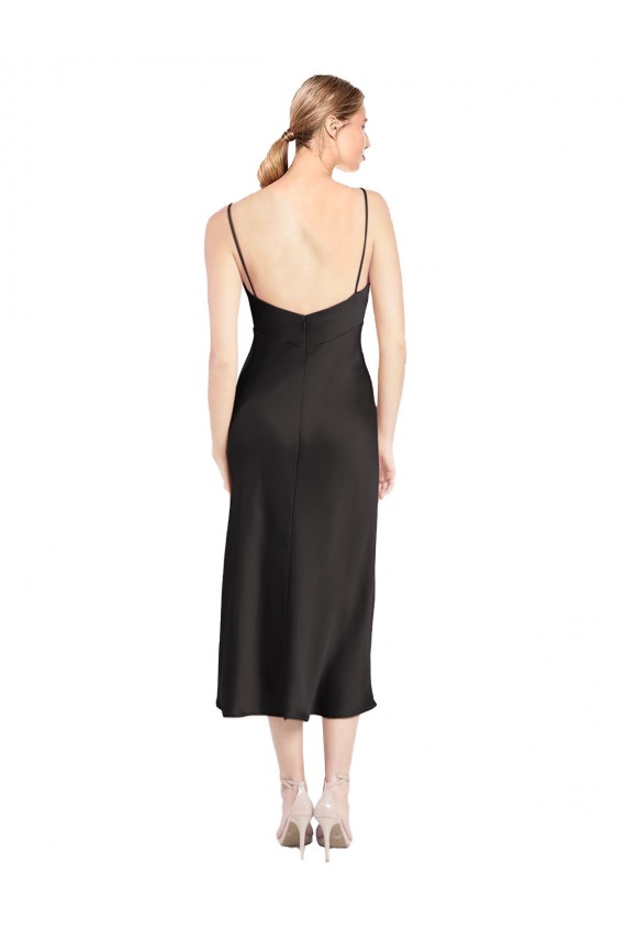 Midi Length Sleeveless Stretch Satin Black A-Line Prom Dress Canada Online