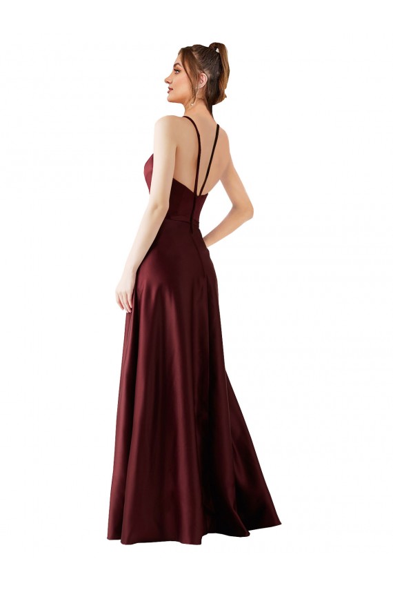 Long Sleeveless Satin Burgundy Gold A-Line Prom Dress Canada Online