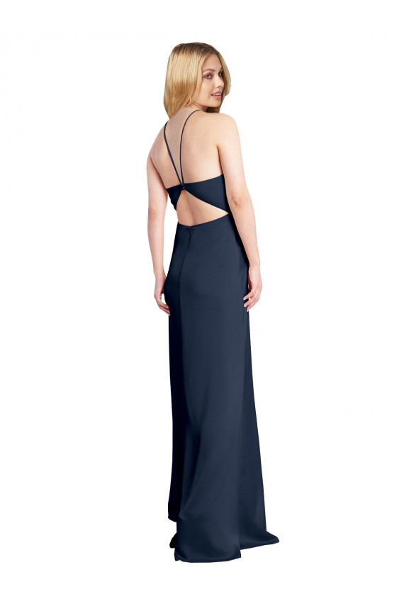 Long Sleeveless Stretch Satin Dark Navy Halter Neck A-Line Prom Dress Canada Online