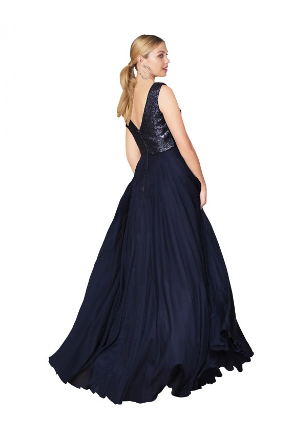 Long Sleeveless Soft Chiffon & Sequin Dark Navy A-Line Prom Dress Canada Online
