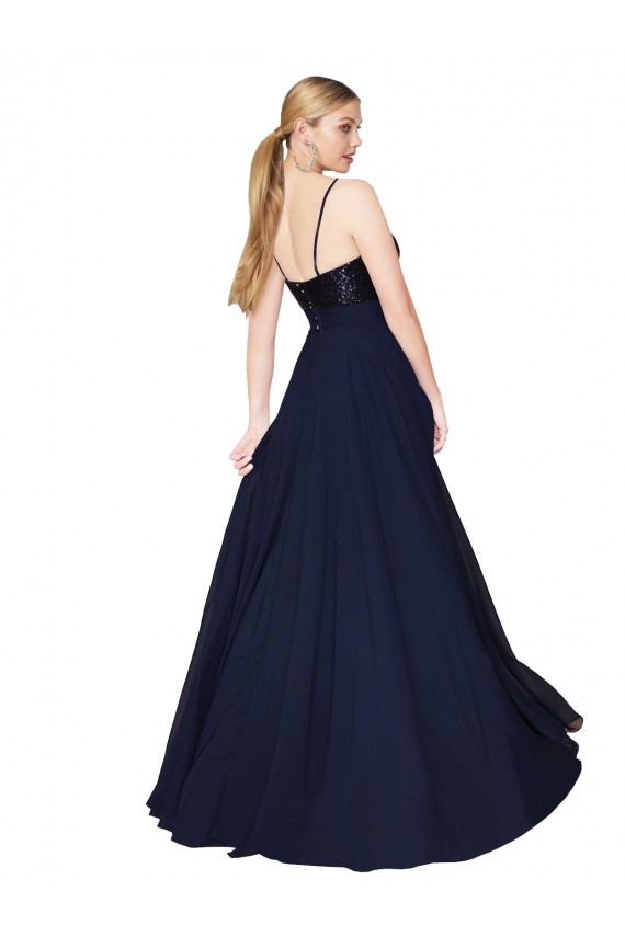 Long Sleeveless Soft Chiffon & Sequin Dark Navy A-Line Spaghetti Straps Prom Dress Canada Online