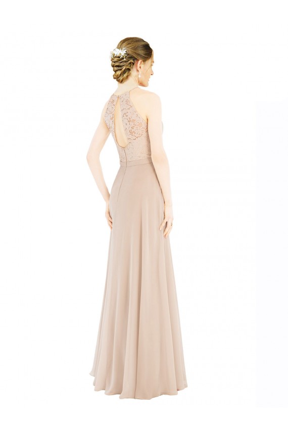 Long Sleeveless Soft Chiffon & Lace Champagne A-Line Prom Dress Canada Online