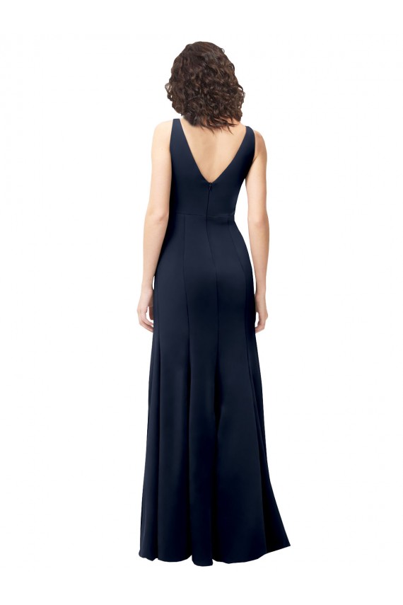 Long Sleeveless Stretch Crepe Dark Navy V-Neck A-Line Prom Dress Canada Online