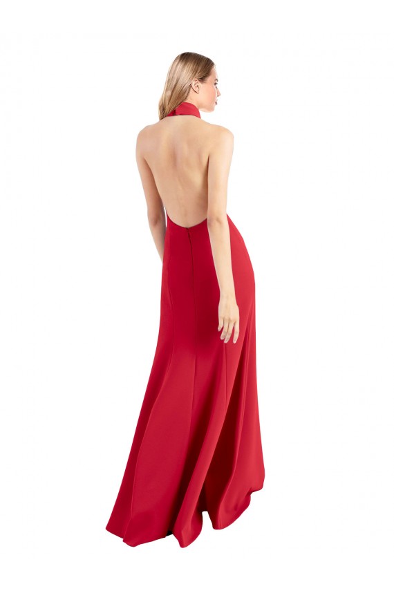 Long Sleeveless Stretch Crepe Red Halter Neck A-Line Prom Dress Canada Online