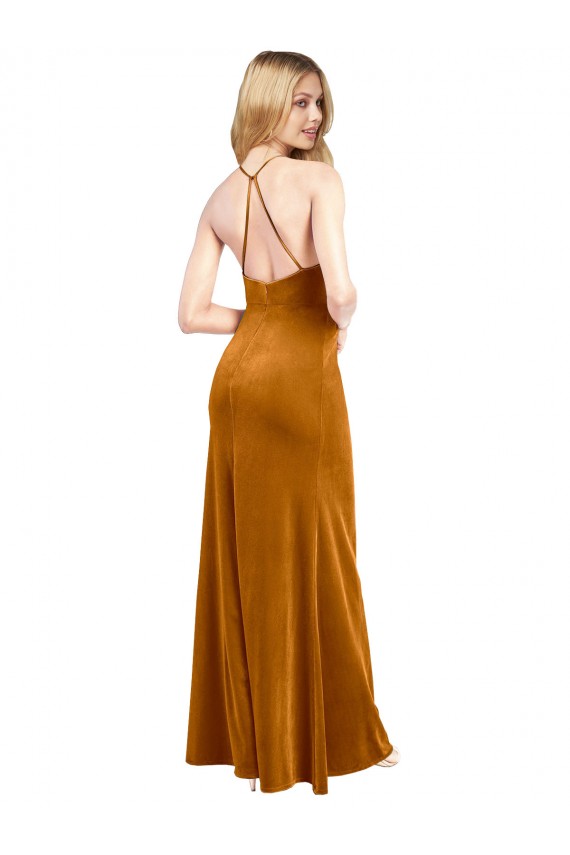 Long Sleeveless Stretch Velvet Gold A-Line Open Back Prom Dress Canada Online