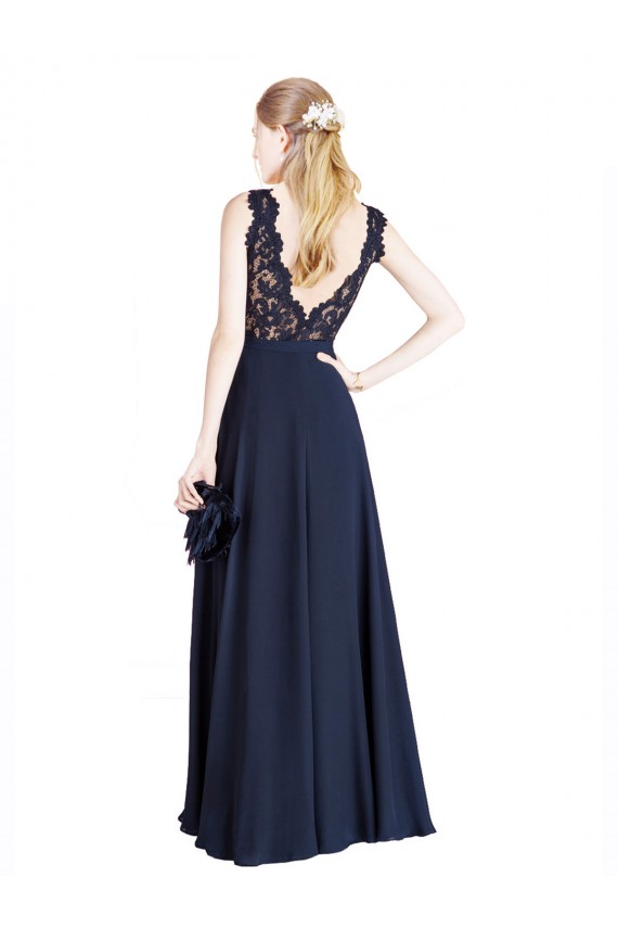 Long Sleeveless Soft Chiffon & Lace Dark Navy A-Line Prom Dress Canada Online