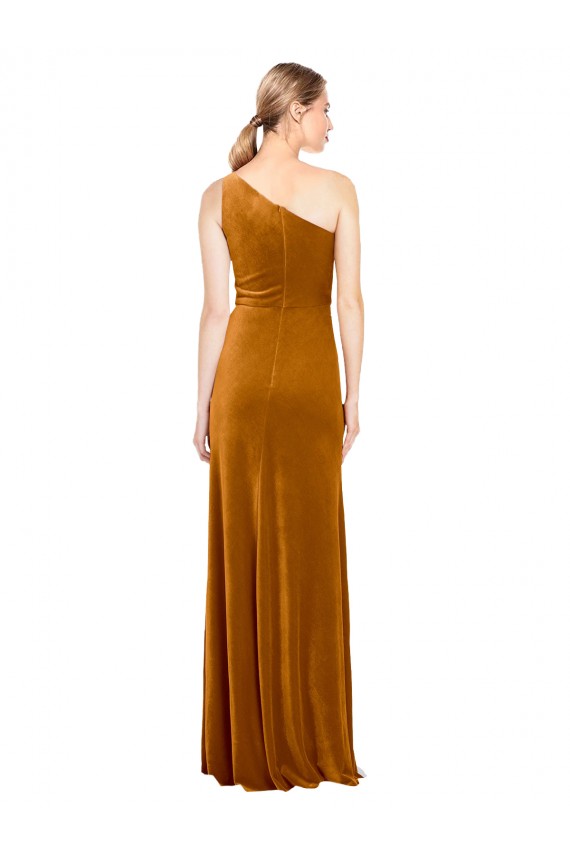 Long Sleeveless Stretch Velvet Gold One Shoulder A-Line Prom Dress Canada Online
