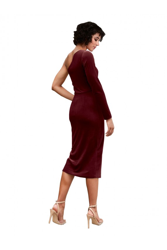 Midi Length Long Sleeves Stretch Velvet Burgundy A-Line Black Tie Prom Dress Canada Online