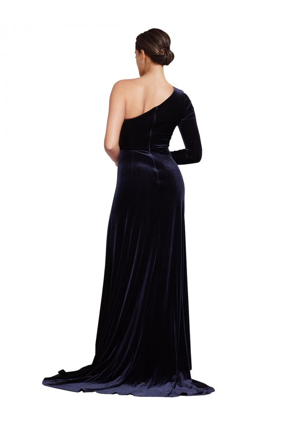 Sweep Train Long Sleeves Stretch Velvet Dark Navy A-Line Prom Dress Canada Online