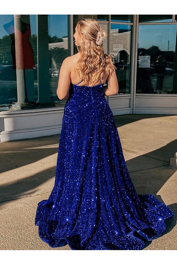 Sweep Train Sleeveless Velvet Sequin Royal Blue A-Line Prom Dress Canada Online