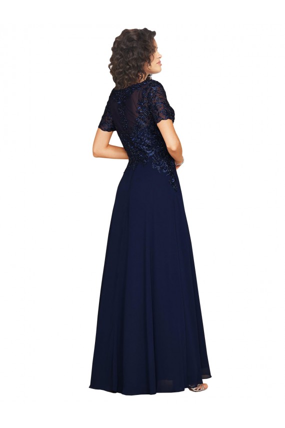 Short Sleeves Long Soft Chiffon Dark Navy A-Line Prom Dress Canada Online