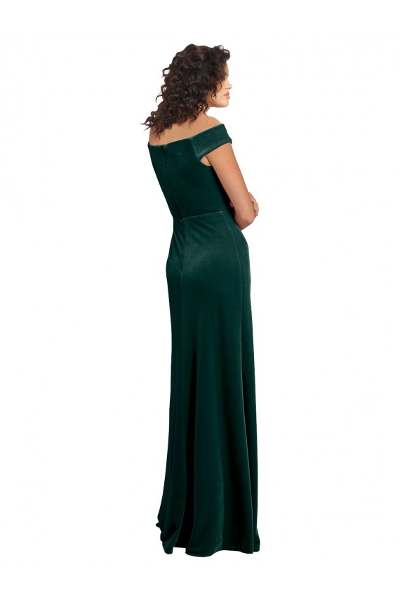 Long Cap Sleeves Stretch Velvet Dark Green A-Line Prom Dress Canada Online