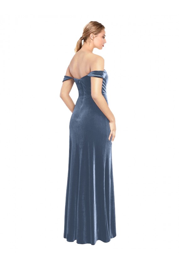 Long Sleeveless Stretch Velvet Dusty Blue A-Line Off the Shoulder Prom Dress Canada Online
