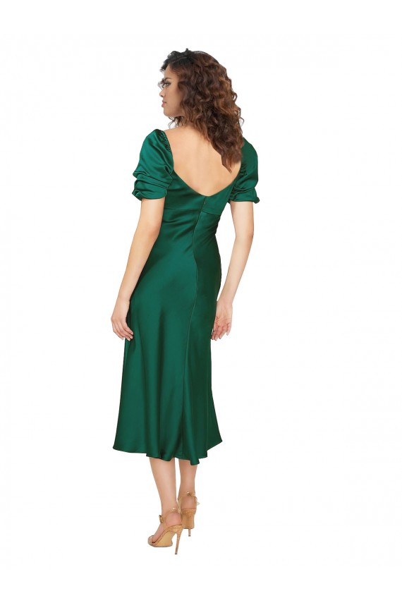 Midi Length Short Sleeves Silky Satin Hunter A-Line Prom Dress Canada Online