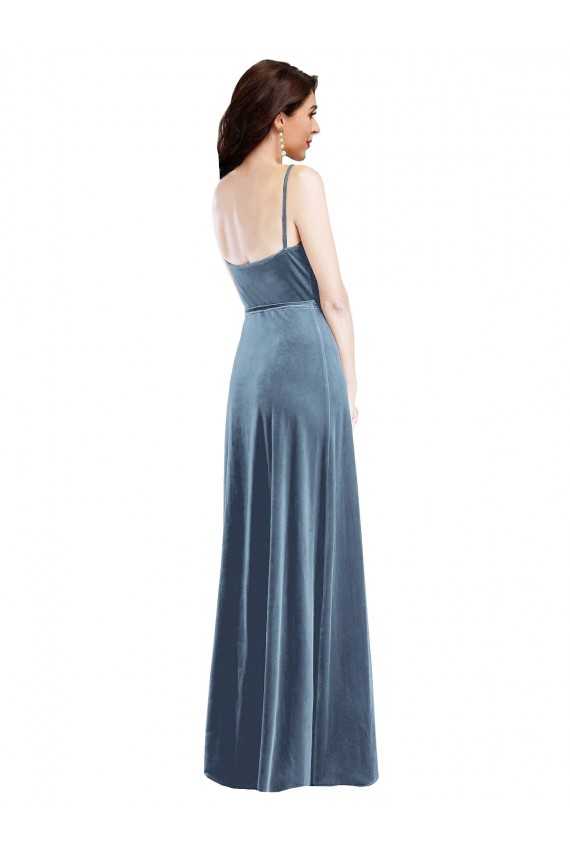 Long Sleeveless Stretch Velvet Dusty Blue A-Line Low Back Prom Dress Canada Online