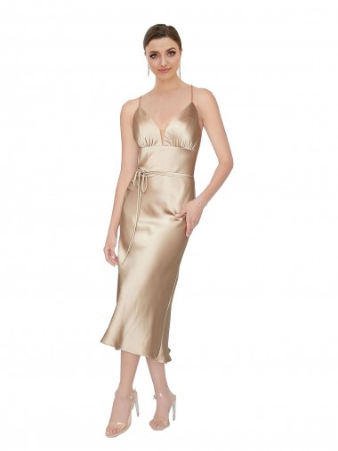 Midi Length Sleeveless Silky Satin A-Line Prom Dress Canada Online