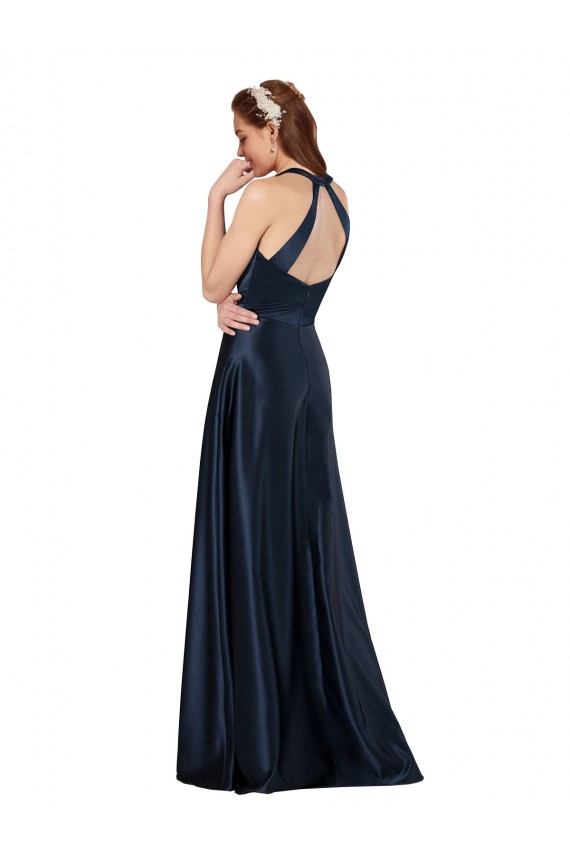 Long Sleeveless Satin Dark Navy A-Line Keyhole Back Prom Dress Canada Online