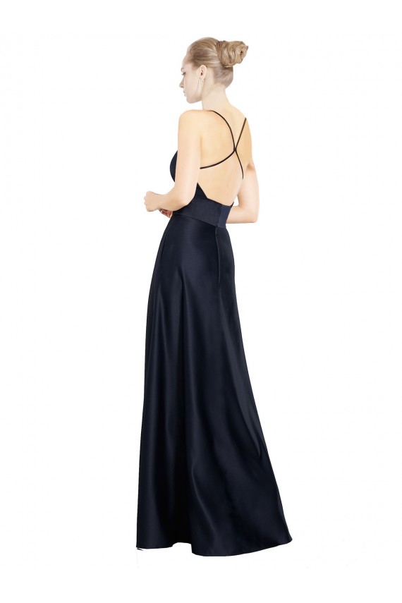 Long Sleeveless Satin Dark Navy A-Line Spaghetti Straps Prom Dress Canada Online