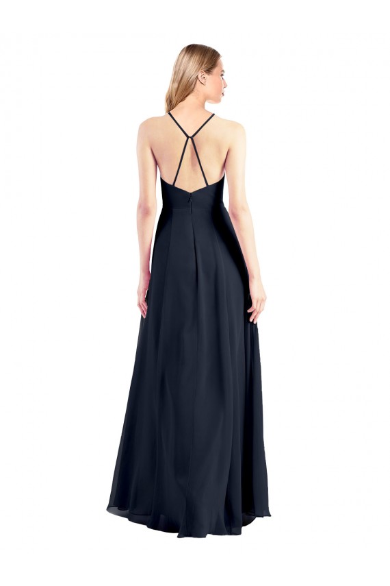 Long Sleeveless Soft Chiffon Dark Navy V-Neck A-Line Prom Dress Canada Online