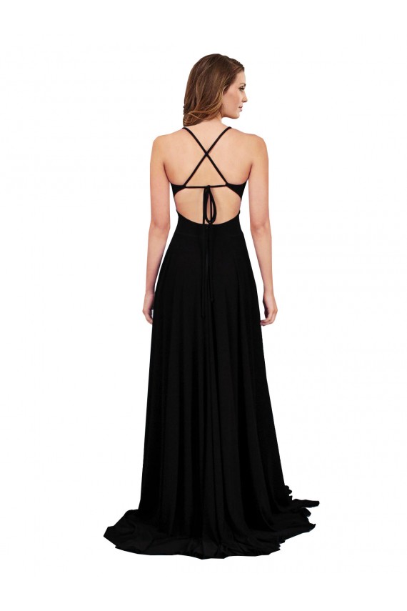 Long Sleeveless Spandex Black A-Line Black Tie Prom Dress Canada Online