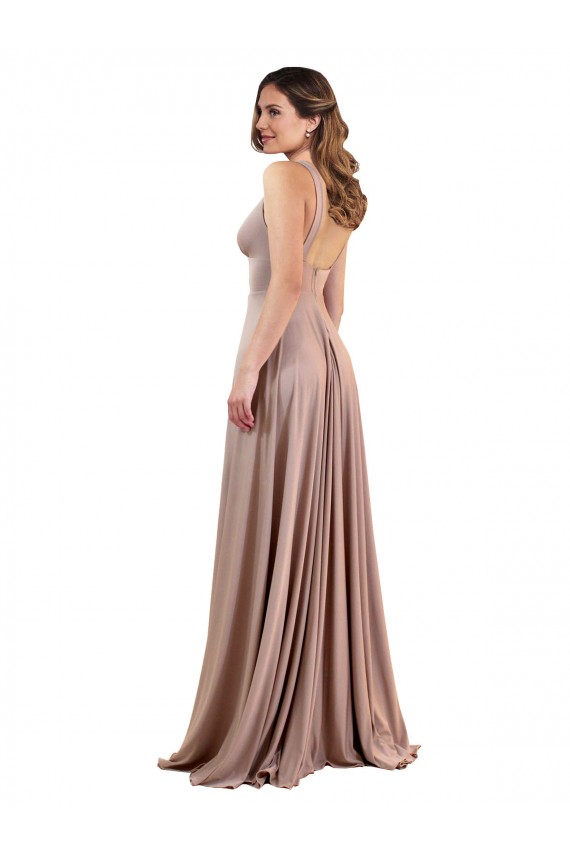 Long Sleeveless Spandex Dusty Pink A-Line Black Tie Prom Dress Canada Online