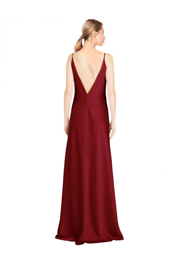 Long Sleeveless Stretch Satin Burgundy V-Neck A-Line Black Tie Prom Dress Canada Online