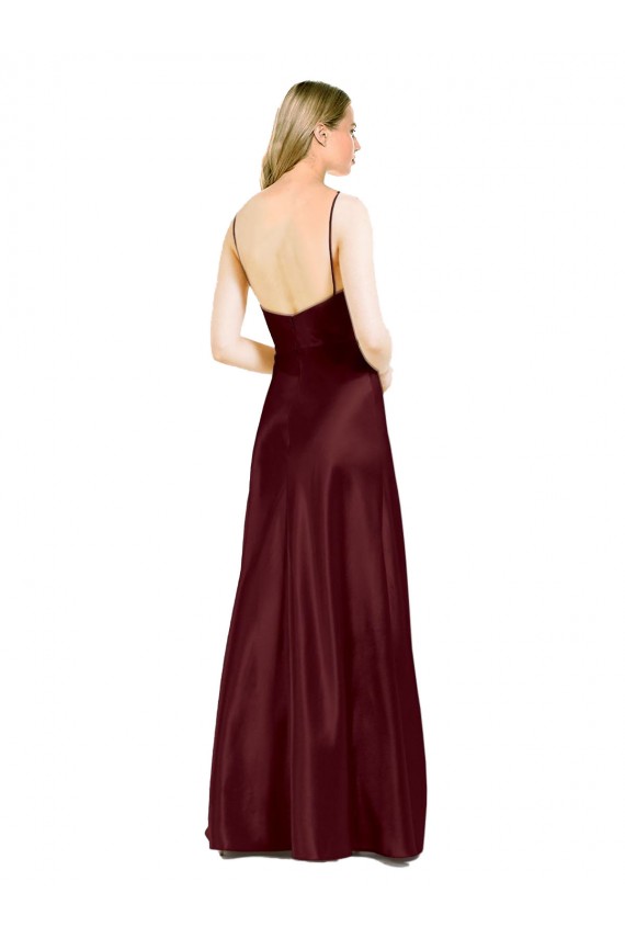 Long Sleeveless Stretch Satin Burgundy Gold A-Line V-Neck Prom Dress Canada Online