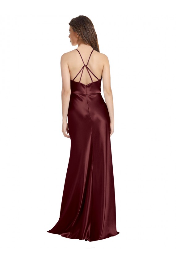 Long Sleeveless Stretch Satin Burgundy Gold A-Line Prom Dress Canada Online