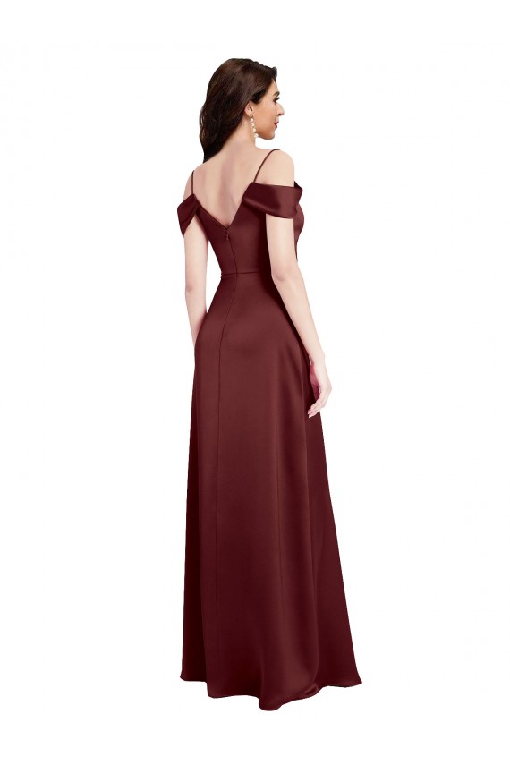 Long Sleeveless Stretch Satin Burgundy Gold A-Line Off the Shoulder Prom Dress Canada Online