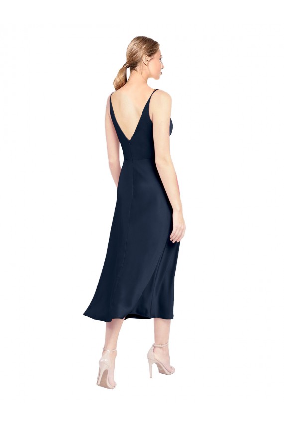 Midi Length Sleeveless Stretch Satin Dark Navy A-Line Prom Dress Canada Online