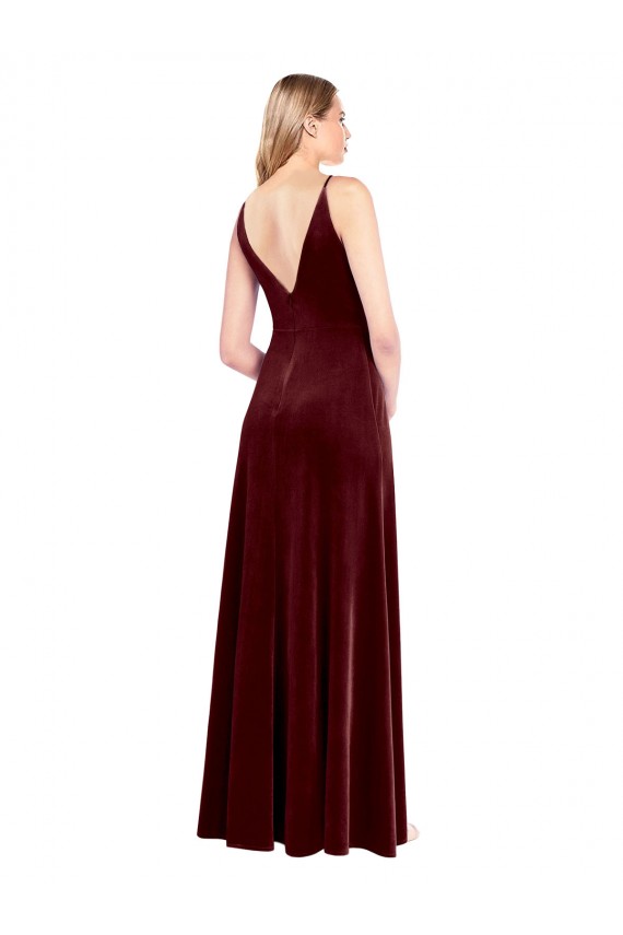 Long Sleeveless Stretch Velvet Burgundy A-Line Black Tie Prom Dress Canada Online