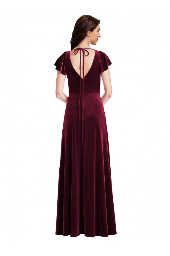 Long Flutter Sleeves Stretch Velvet Burgundy A-Line Prom Dress Canada Online