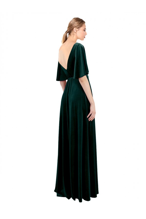 Long Flutter Sleeves Stretch Velvet Dark Green A-Line Prom Dress Canada Online