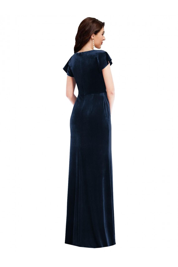 Long Flutter Sleeves Stretch Velvet Dark Navy A-Line Prom Dress Canada Online