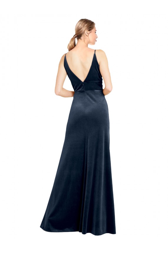 Long Sleeveless Stretch Velvet Dark Navy A-Line V-Back Prom Dress Canada Online