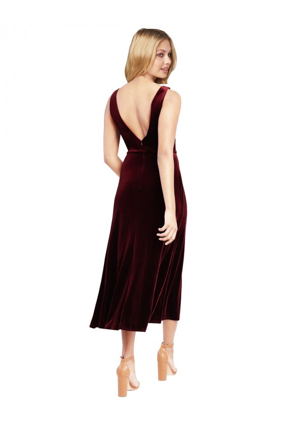 Midi Length Sleeveless Stretch Velvet Burgundy A-Line Prom Dress Canada Online