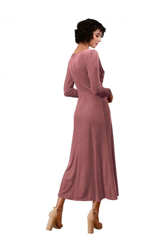 Midi Length Long Sleeves Stretch Velvet Cinnamon Rose A-Line Black Tie Prom Dress Canada Online