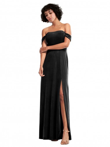 Long Sleeveless Stretch Velvet Black Off the Shoulder A-Line Prom Dress Canada Online