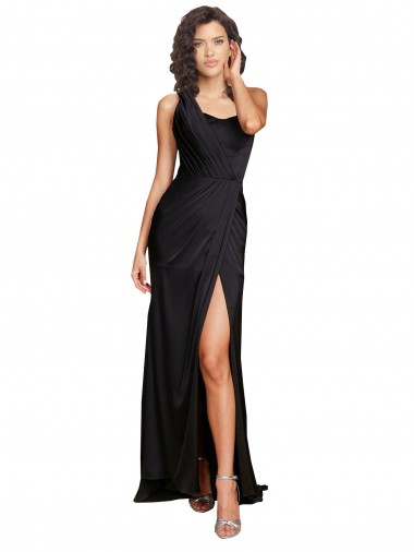Long Sleeveless Silk like Satin Black A-Line One Shoulder Prom Dress Canada Online