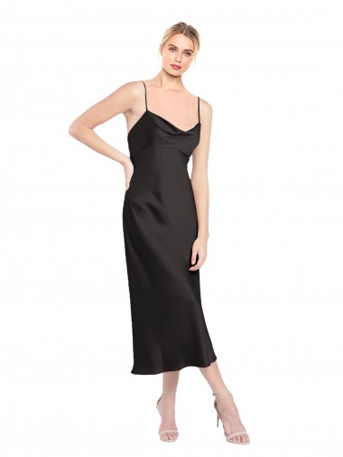 Midi Length Sleeveless Stretch Satin Black A-Line Prom Dress Canada Online