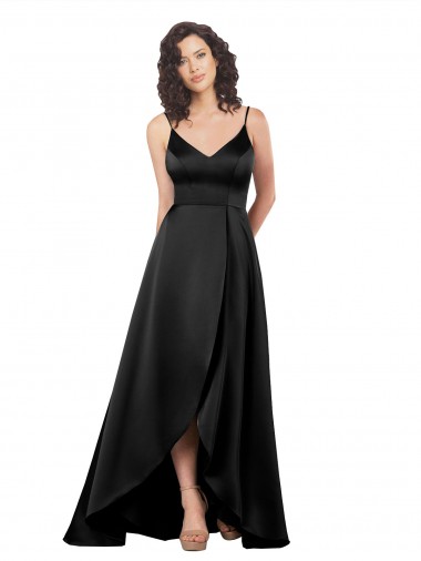 Long Sleeveless Silky Satin Black A-Line High Low Prom Dress Canada Online