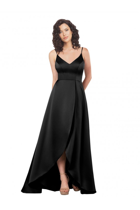 Long Sleeveless Silky Satin Black A-Line High Low Prom Dress Canada Online