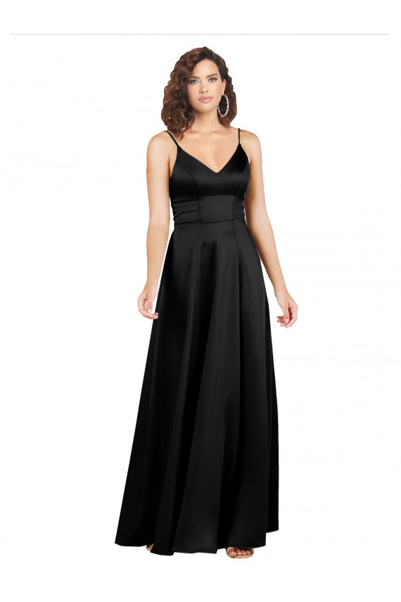 Long Sleeveless Silky Satin Black A-Line Prom Dress Canada Online
