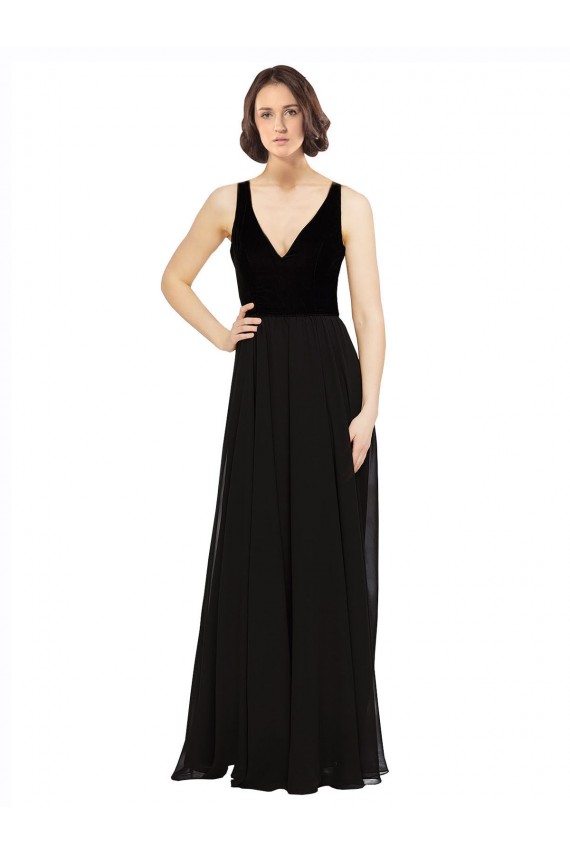 Long Sleeveless Soft Chiffon & Velvet Black A-Line Prom Dress Canada Online
