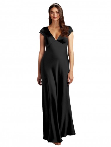 Long Cap Sleeves Stretch Satin Black A-Line Prom Dress Canada Online