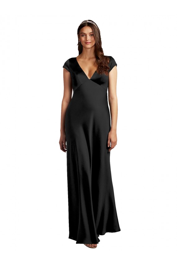 Long Cap Sleeves Stretch Satin Black A-Line Prom Dress Canada Online