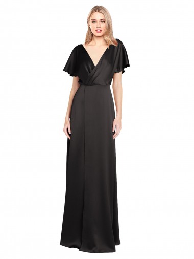 Long Cap Sleeves Stretch Satin Black A-Line Open Back Prom Dress Canada Online