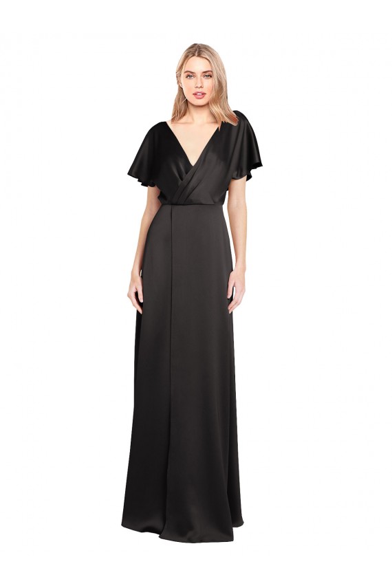 Long Cap Sleeves Stretch Satin Black A-Line Open Back Prom Dress Canada Online